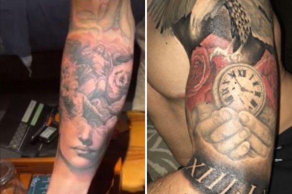 Photos of missing man Jesse Bruzzese’s arm tattoos. 