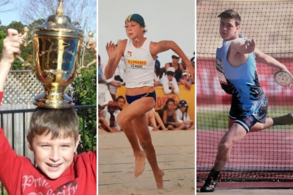 Nick Frost as a youngster, (from left) with the William Webb Ellis Cup, winning the 2011 State Nippers beach sprint and competing in the discus.