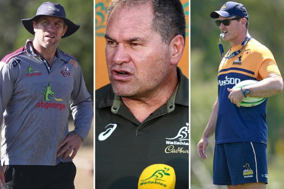 Reds coach Brad Thorn, Wallabies coach Dave Rennie and Brumbies coach Dan McKellar.