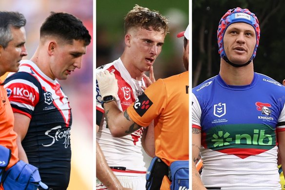 The Roosters’ Victor Radley, the Dragons’ Toby Couchman and Newcastle’s Kalyn Ponga leave the field following head knocks in the opening two rounds of the 2023 NRL season. Photos: NRL Photos; Getty.