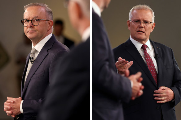 Anthony Albanese and Scott Morrison during the first leaders’ debate in Brisbane.