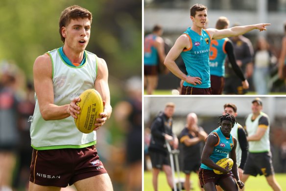 Jai Serong (left), Ethan Phillips (top right) and Changkuoth Jiath (bottom right) train on Wednesday as they stake their respective claims to replace injured Hawks defender Sam Frost.