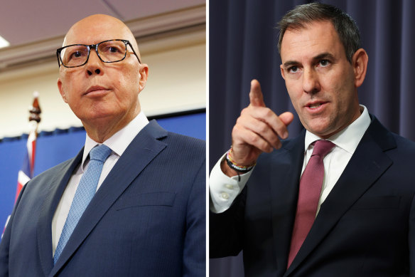 Treasurer Jim Chalmers, right, has branded Opposition Leader Peter Dutton’s promise to allow small businesses to deduct staff lunches a “complete farce”.