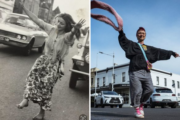 Polly Courtin dances at the intersection of Lygon and Faraday Streets in the early ’70s (left) and in August 2024 (right). 