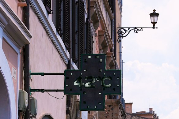The thermometer of a drugstore shows 42 degrees in Rome, Italy, on Tuesday.
