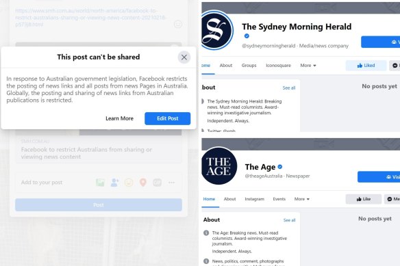 Facebook media pages such as The Sydney Morning Herald’s and The Age’s have been blocked from posting and news links can no longer be shared on the platform.