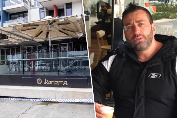 The front of the Karizma restaurant in Docklands, owned by Fadi Haddara (right), the morning after the arson attack (left).