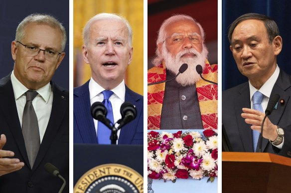 The leaders of the Quad - Australia, the US, India and Japan - Scott Morrison, Joe Biden, Narendra Modi and Yoshihide Suga.