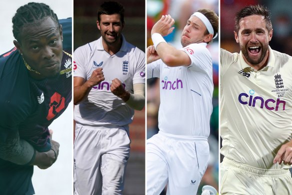 England pacemen Jofra Archer, Mark Wood, Stuart Broad and Chris Woakes.