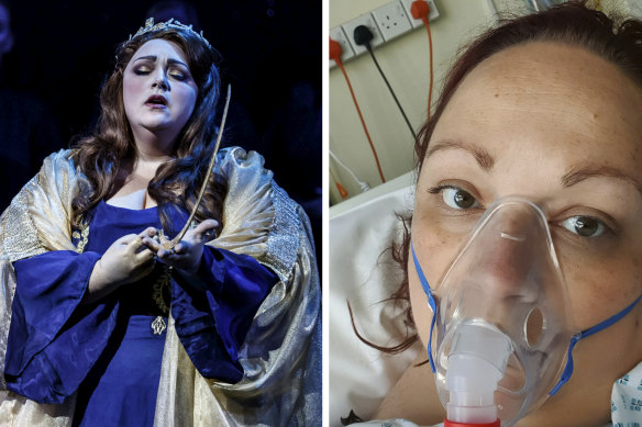 Australian opera singer Helena Dix, performing in Norma for Melbourne Opera last year (left), and in a British hospital (right) after developing a large blood clot in her lungs.