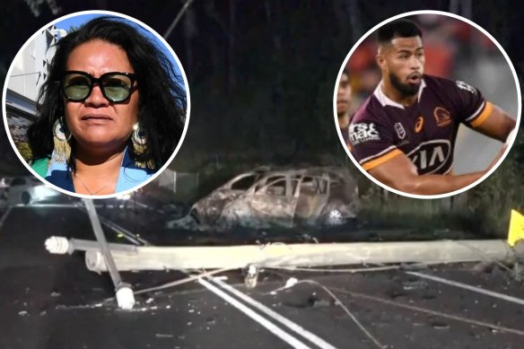 The scene of a fiery two-car crash at Bonogin; (inset left) Uiatu “Joan” Taufua and; (right) Payne Haas.