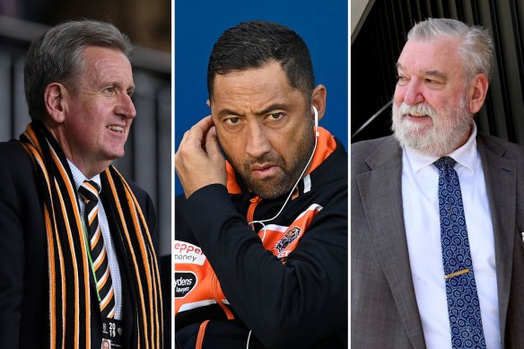 Wests Tigers chairman Barry O’Farrell, coach Benji Marshall and CEO Shane Richardson.