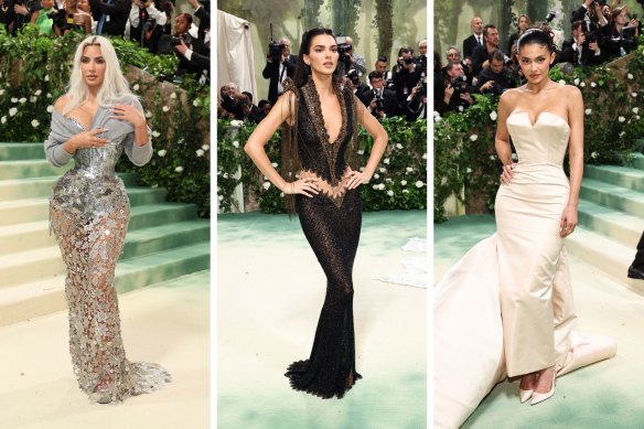 Kim Kardashian, Kendall Jenner and Kylie Jenner arrive at the Met Gala 2024.