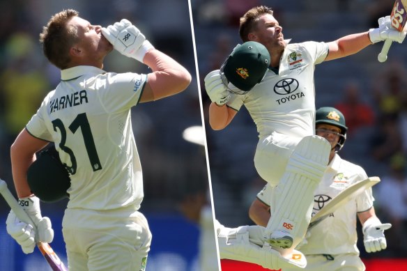 David Warner gives a tradmark leap and sends a message to his detractors on reaching 100 against Pakistan in the first Test in Perth.