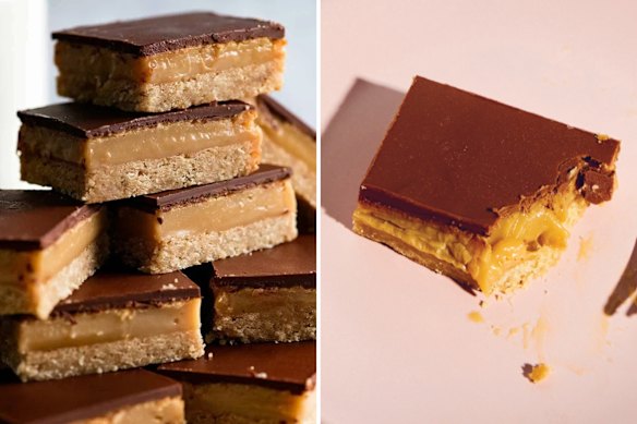 RecipeTin Eats’ caramel slice (left) and Brooke Bellamy’s recipe from her cookbook Bake with Brooki.