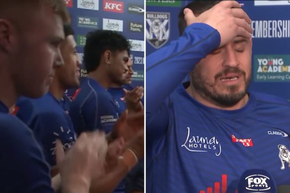 Bulldogs teammates crowd in for Josh Reynolds’ retirement press conference at Belmore.