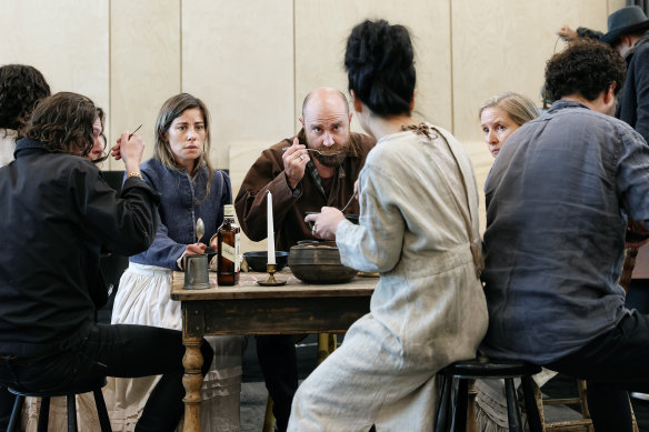 Brooke Satchwell (middle) with Josh McConville (right) in rehearsal for Oil at Sydney Theatre Company. 