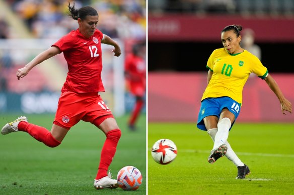 Canada’s Christine Sinclair and Brazilian legend Marta.