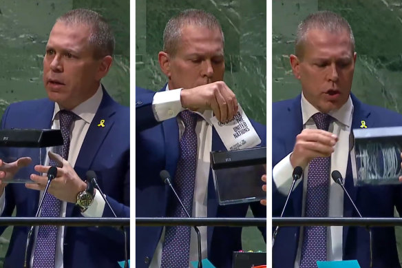 Israel’s UN ambassador Gilad Erdan theatrically inserted a miniature copy of the UN charter into a transparent paper shredder after three-quarters of the world’s governments have just cast a sympathy vote for the Palestinians at the UN.