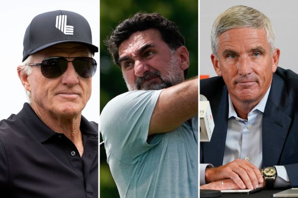 LIV Golf CEO'su Greg Norman, Suudi Arabistan'ın Kamu Yatırım Fonu yöneticisi Yasir al-Rumayyan ve PGA Tour komiseri Jay Monahan.