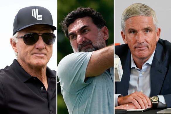 LIV Golf chief executive Greg Norman, Saudi Arabia’s Public Investment Fund governor Yasir al-Rumayyan and PGA Tour commissioner Jay Monahan.