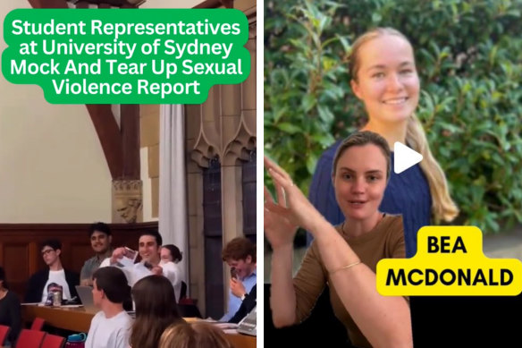 A screenshot of the video posted by Amelia Findlay on TikTok which triggered a lawsuit by Liberal Party-aligned student politician Bea McDonald; a screenshot from a TikTok video by Findlay in which she names Bea McDonald.