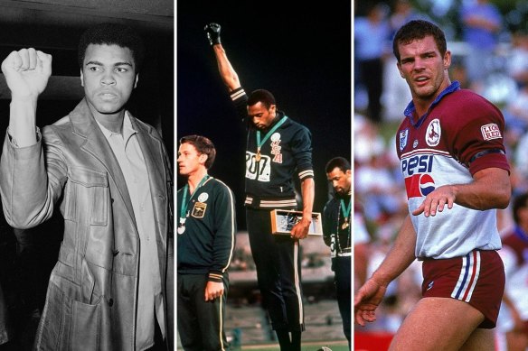 Muhammad Ali, Tommie Smith flanked by Peter Norman and John Carlos at the 1968 Olympics, and former Manly forward Ian Roberts.