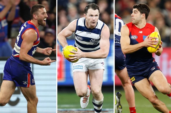 From left: Western Bulldogs captain Marcus Bontempelli, Geelong captain Patrick Dangerfield, and Melbourne champion Christian Petracca.