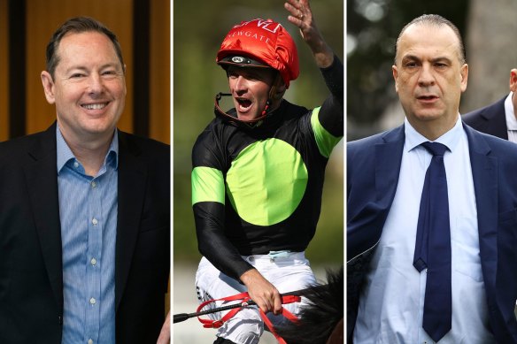 Tabcorp chief executive Adam Rytenskild, Think About It and jockey Sam Clipperton after winning The Everest in 2023 and Racing NSW boss Peter V’landys.