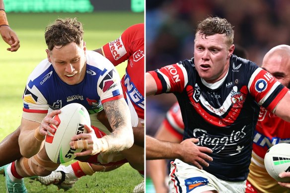 Newcastle Knights utility Kurt Mann and Sydney Roosters player Drew Hutchison.