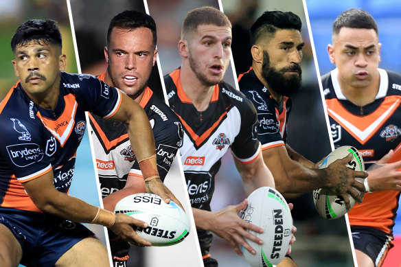 Tigers co-captains: Tyrone Peachey, Luke Brooks, Adam Doueihi, James Tamou and Ken Maumalo.