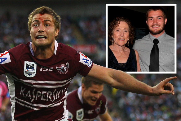 Kieran Foran during his stint with Manly and (inset) with late Sea Eagles fan Brenda Duchen.
