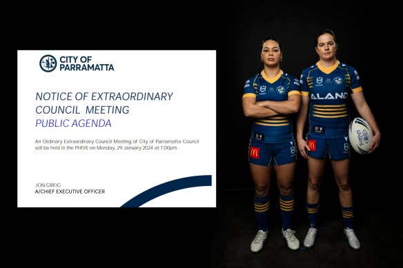 Parramatta Council will meet on Monday night to discuss the proposed partnership with the Parramatta Eels women’s team. Pictured are players Kennedy Cherrington and Rachael Pearson.