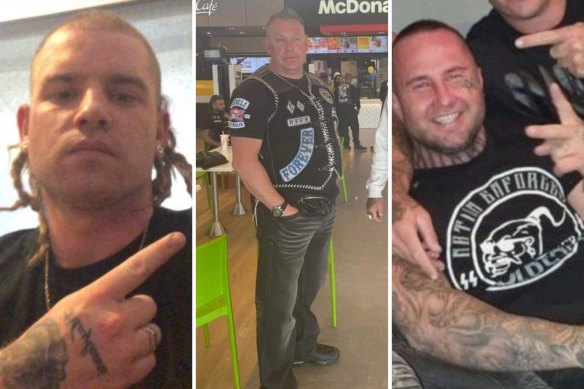 Rebels boss Karl Labrook (centre) says he has no knowledge of the shooting of Mo<em></em>ngols member Adam Wragg’s (right) home, allegedly involving Rebels member Jacob Hughes (left). 