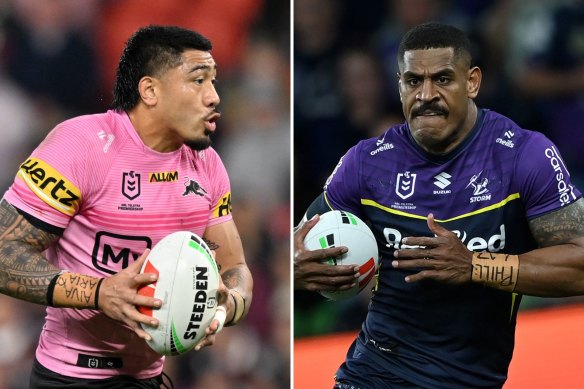 Panthers prop Moses Leota and Storm prop Tui Kamikamica. 