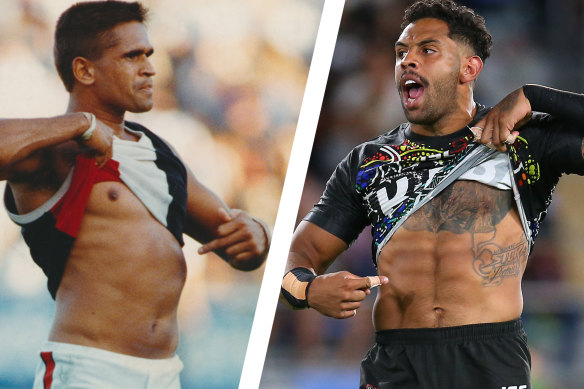 Nicky Winmar in 1993 and Josh Addo-Carr in 2020.