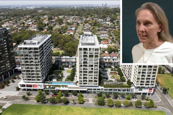 The apartment block at 23 Halifax Street at Lachlan’s Line in Macquarie Park. Inset, unit owner Nina Bishop.