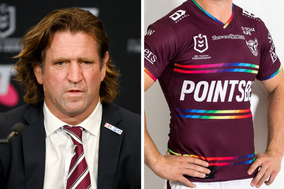 Manly coach Des Hasler and the club’s inclusivity jersey.