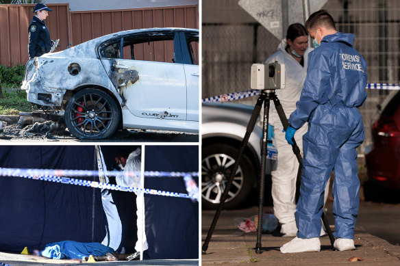 (Clockwise from top-left) A burnt-out car in Kingsgrove on Thursday; forensic police at the scene in Canterbury; Ferenc Stemler body.
