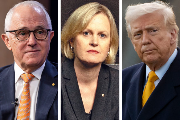 Malcolm Turnbull clashed with broadcaster Sally Sara (centre) over Donald Trump.