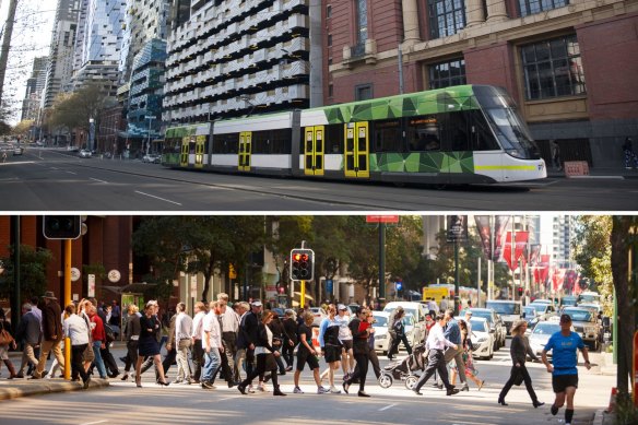 Melbourne (above) and Perth (below): two very different post-COVID CBDs during office hours.