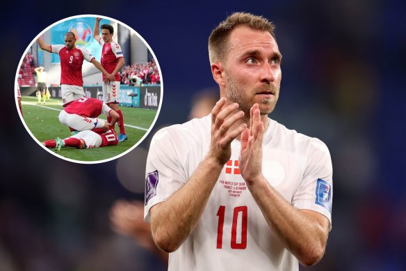 Danish players run to Christian Eriksen’s aid (inset). Eriksen is back playing at the World Cup.