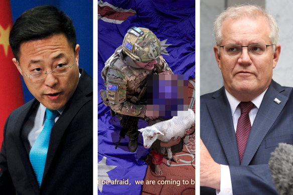 Lijian Zhao, the image in his tweet, and Scott Morrison.