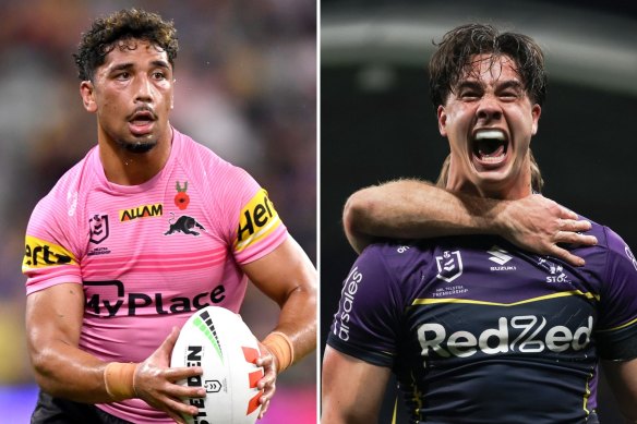 Panthers centre Izack Tago and Storm centre Jack Howarth.