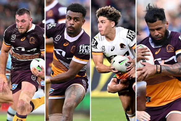 The Broncos are set to rest a host of key players, including (from left) Kurt Capewell, Ezra Mam, Reece Walsh and Payne Haas.