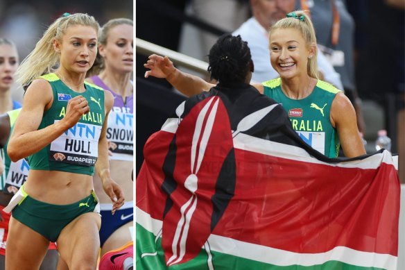Australian Jessica Hull competes in the 1500m final at the world championships in Budapest (left) and congratulates the winner, Kenyan Faith Kipyegon, afterwards.