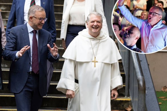 Then opposition leader Anthony Albanese with Archbishop Anthony Fisher at St Mary’s Cathedral School in Sydney in May this year, and above, former prime minister Scott Morrison. 
