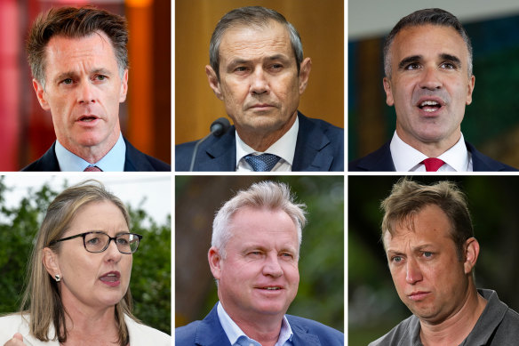 (Left-to-right, top-bottom): Chris Minns, Roger Cook, Peter Malinauskas, Jacinta Allan, Jeremy Rockliff and Steven Miles. While the states last year agreed to work with the federal government on a reboot of the NDIS, they have become increasingly outspoken about their financial exposure to its unknown costs.
