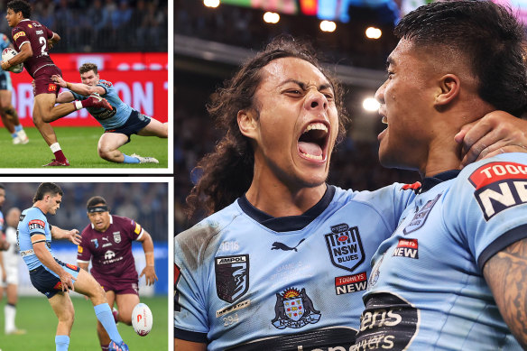 (Clockwise from main) Jarome Luai, Nathan Cleary and Liam Martin played crucial roles in a perfect three-minute spell by NSW.