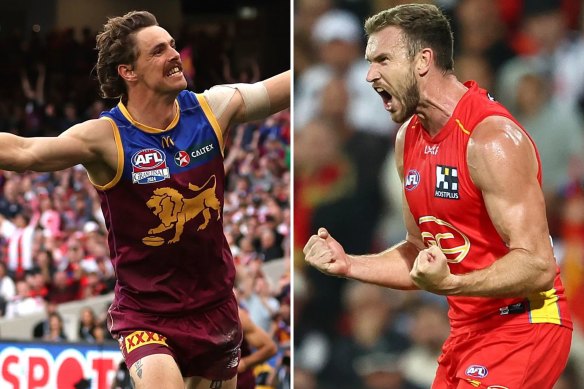 Sam Day (right) was cut by the Suns, and will now fight to replace the retired Joe Daniher (left) at the Lions.